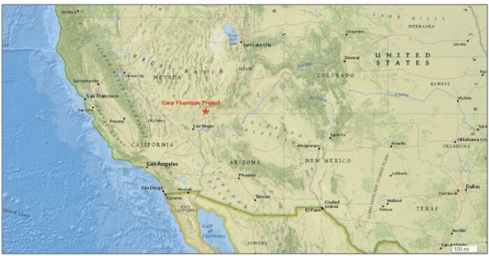 Map of western United States showing location of the Carp Fluorspar Project near Nevada and California border.