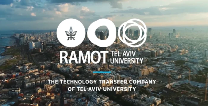 Aerial view of Tel Aviv skyline with Ramot Tel Aviv University logo and text describing its technology transfer company