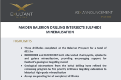 Exultant Mining ASX announcement titled Balerion Prospect Drilling Update with drilling highlights and pending assays.
