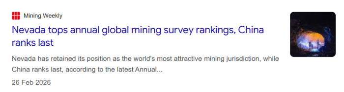 Mining Weekly headline reporting Nevada as the world's top-ranked mining jurisdiction while China ranked last in the latest global survey.