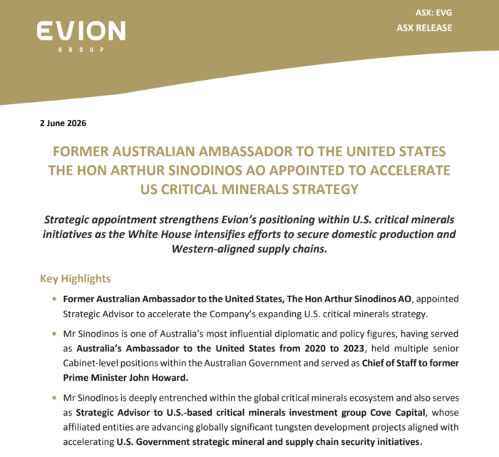 Evion Group ASX release announcing the appointment of former Australian Ambassador Arthur Sinodinos as Strategic Advisor to advance its US critical minerals strategy.