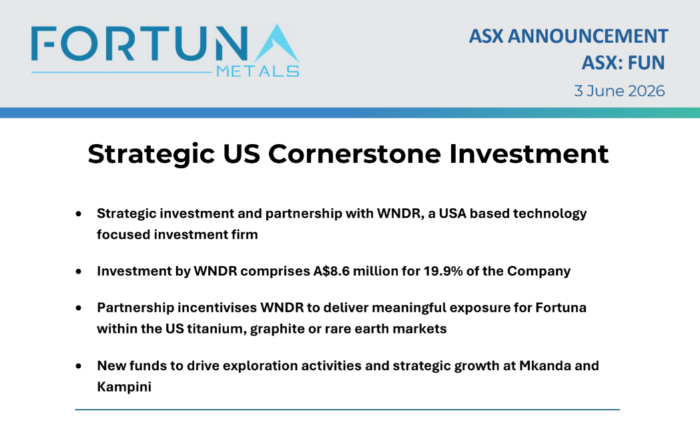 Fortuna Metals ASX announcement outlining an A$8.6 million cornerstone investment from US technology-focused investor WNDR to fund growth and exploration.