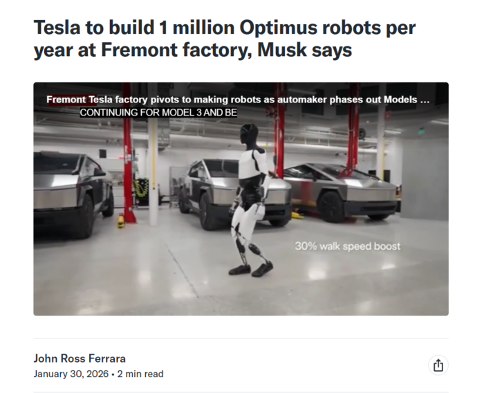News headline reporting Tesla's plan to produce one million Optimus humanoid robots annually at its Fremont factory, accompanied by an image of the robot on a production floor.