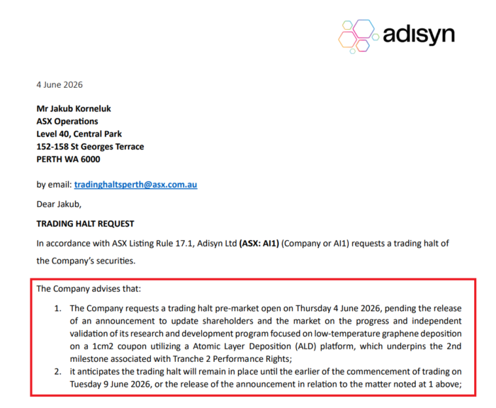 Adisyn trading halt request pending an update on graphene deposition validation linked to Milestone 2 performance rights.