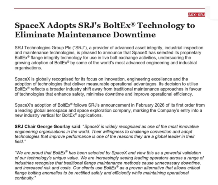 SRJ Technologies announcement stating SpaceX has adopted its BoltEx technology to reduce maintenance downtime and improve operational efficiency.