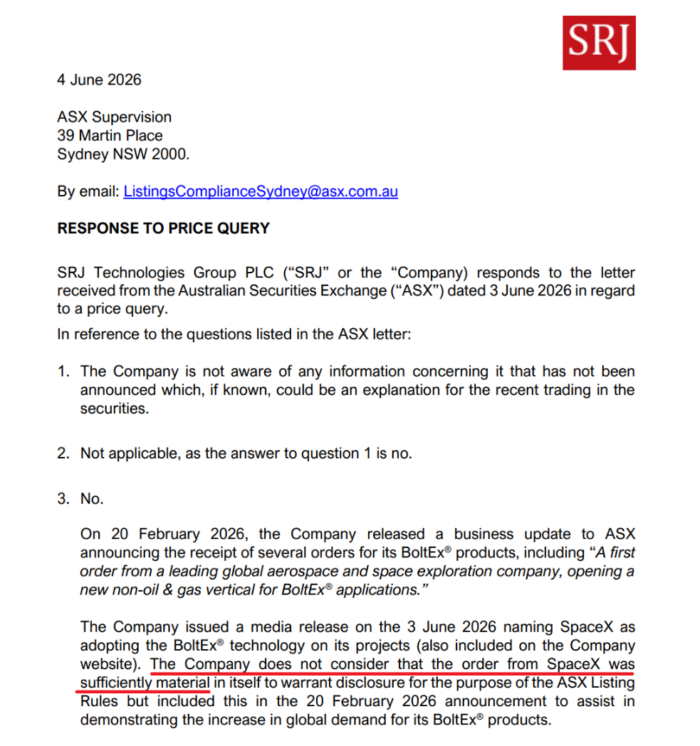 SRJ Technologies response to ASX price query stating a SpaceX order was not considered material enough for separate disclosure.