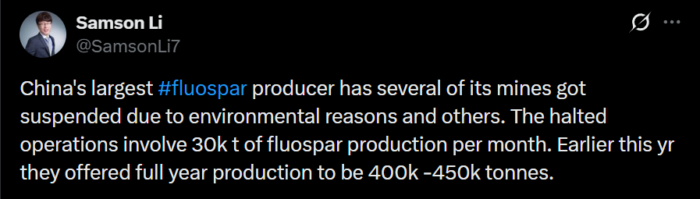 Screenshot of an X post claiming China's largest fluorspar producer suspended several mines, affecting 30,000 tonnes monthly output.