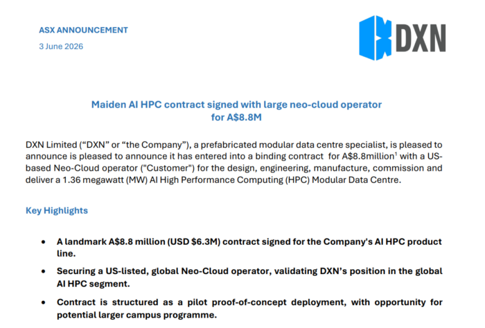 DXN ASX announcement detailing an A$8.8 million AI high-performance computing data centre contract with a US neo-cloud operator.