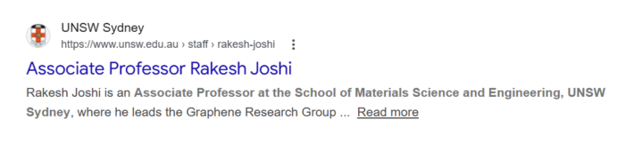 Google search result for Associate Professor Rakesh Joshi, UNSW Sydney, highlighting his graphene research group leadership.