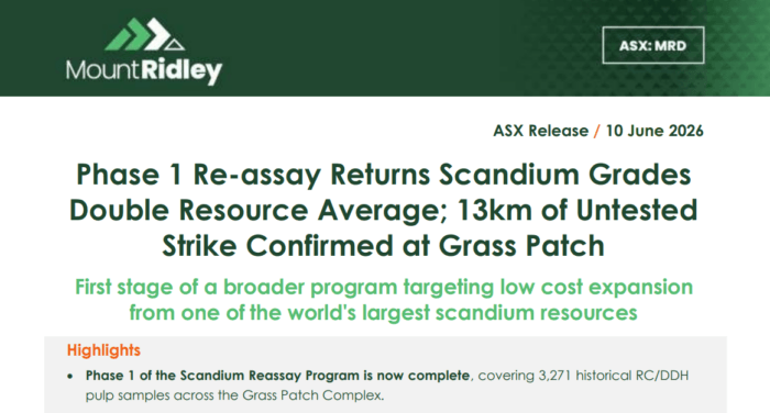 Mount Ridley ASX release announcing Phase 1 scandium reassay results, with grades up to double the current resource average and 13km of untested strike.
