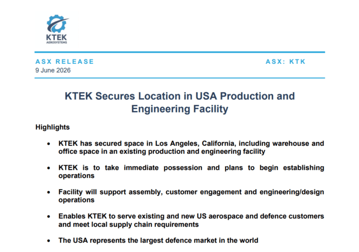 KTEK ASX release announcing Los Angeles production facility, highlighting US operations, assembly and defence growth.