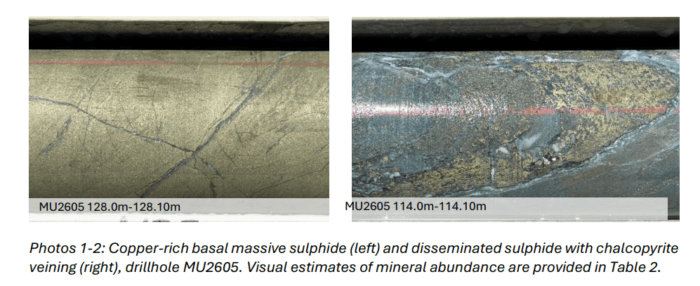 Drill core photos showing copper-rich sulphide mineralisation and chalcopyrite veining in drillhole MU2605.