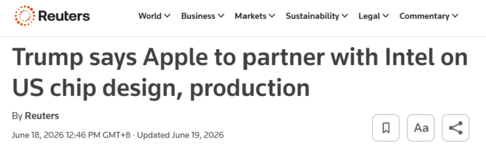 Screenshot of a Reuters headline reporting plans for Apple and Intel to collaborate on US-based chip design and manufacturing.
