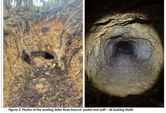 Side-by-side photos of the Sister Rose gold mine showing the surface portal entrance and an underground adit tunnel.