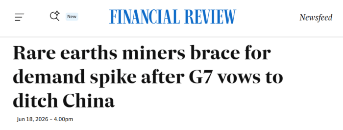 Screenshot of a Financial Review headline reporting expected rare earths demand growth after G7 efforts to reduce reliance on China.