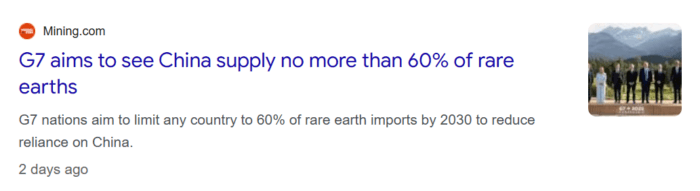 Screenshot of a Mining.com headline reporting G7 plans to cap reliance on any single country for rare earth imports by 2030.