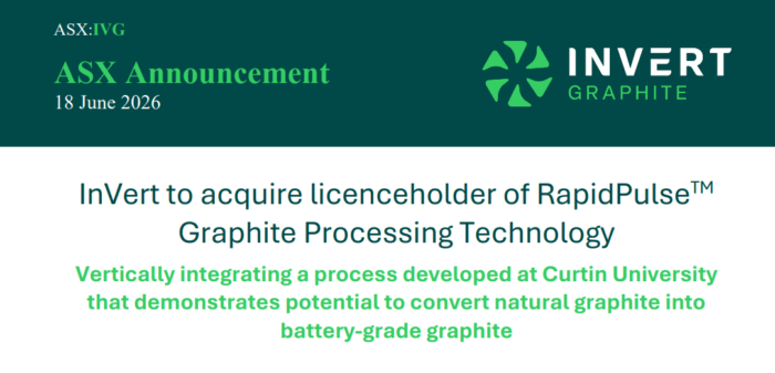 Cover page of an ASX announcement from InVert Graphite on acquiring RapidPulse graphite processing technology to produce battery-grade graphite.