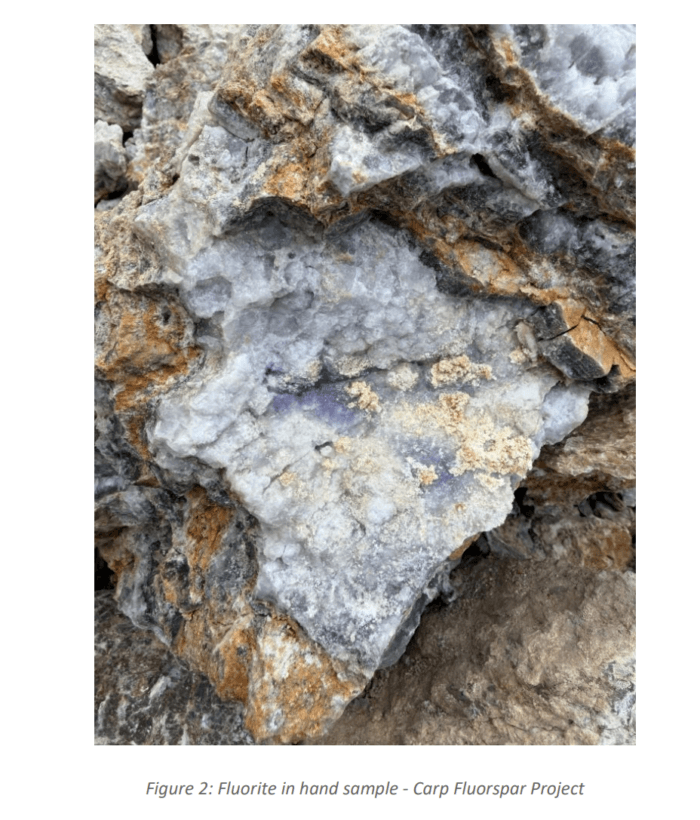 Purple fluorite mineralisation within altered host rock at Evion’s Carp Fluorspar Project, Nevada.