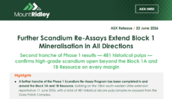 Cover page of a Mount Ridley ASX release announcing further scandium re-assays extending Block 1 mineralisation in all directions.