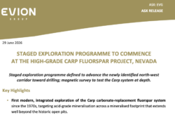 Evion Group ASX release cover page dated 29 June 2026 announcing a staged exploration programme at the Carp Fluorspar Project, Nevada