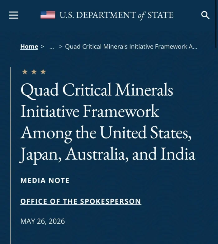 U.S. Department of State page outlining the Quad Critical Minerals Initiative Framework between the United States, Japan, Australia and India.