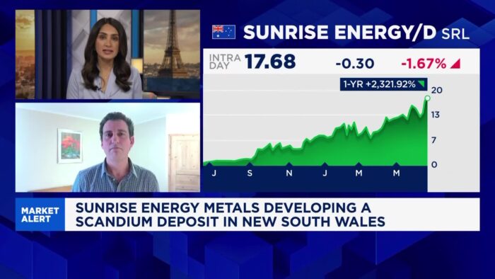 CNBC interview discussing Sunrise Energy Metals' scandium project, with stock chart showing a 2,321.9% one-year gain.