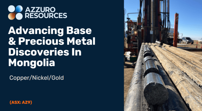 Azzuro Resources title slide featuring drill core beside text highlighting copper, nickel and gold discoveries in Mongolia.