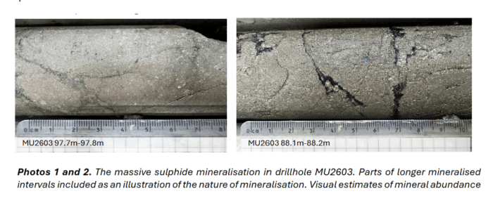 Close-up photos of massive sulphide mineralisation from drillhole MU2603, showing metallic sulphide textures in drill core samples.