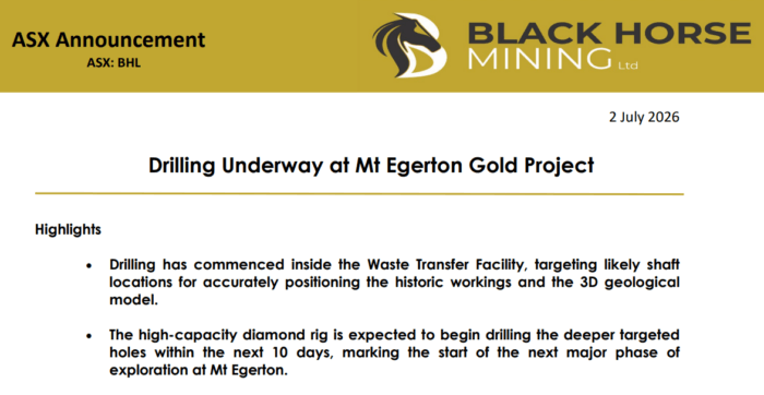 Black Horse Mining ASX announcement titled 'Drilling Underway at Mt Egerton Gold Project' with drilling update highlights.