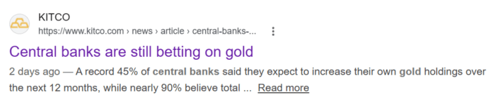 Screenshot of a Kitco article headline stating central banks expect to increase gold holdings over the next 12 months.