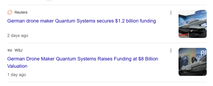 Screenshot of Reuters and Wall Street Journal headlines reporting German drone maker Quantum Systems' latest funding round.