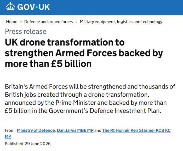 Screenshot of a UK Government press release announcing more than £5 billion in funding for military drone transformation.