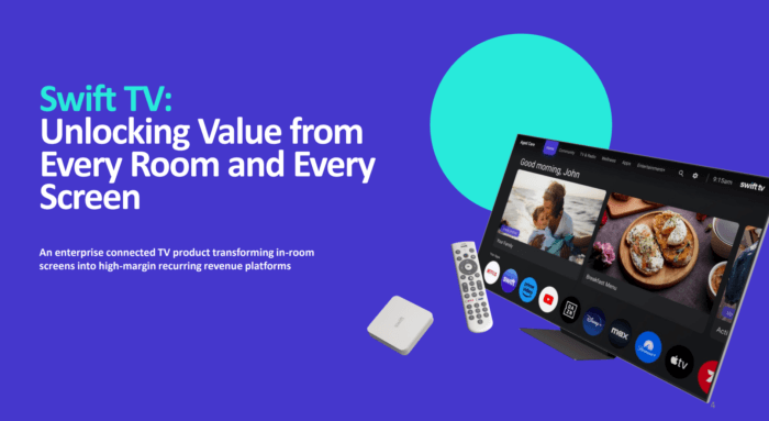Promotional slide for Swift TV, showcasing its connected TV platform with a television interface, remote and streaming device.