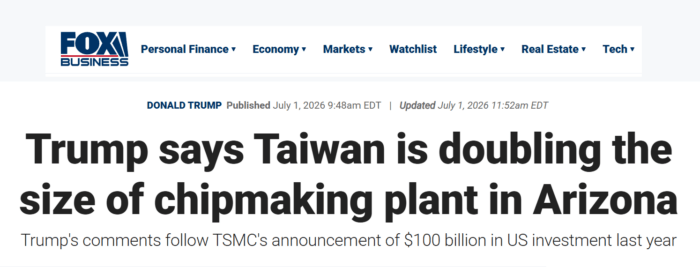 Screenshot of a Fox Business article reporting Taiwan's plan to double the size of its chipmaking plant in Arizona.