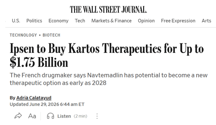 Screenshot of a WSJ article reporting French biotech company Ipsen's billion dollar acquisition of Kartos Therapeutics.