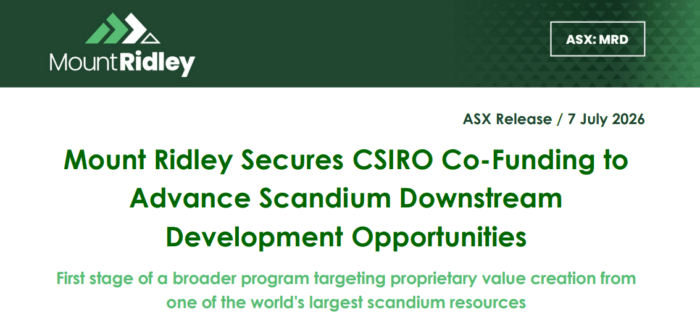 Mount Ridley ASX release announcing CSIRO co-funding to advance scandium downstream development opportunities.