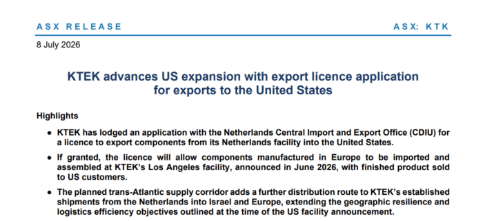 KTK announces export licence application to ship Netherlands-made components to its new Los Angeles assembly facility.