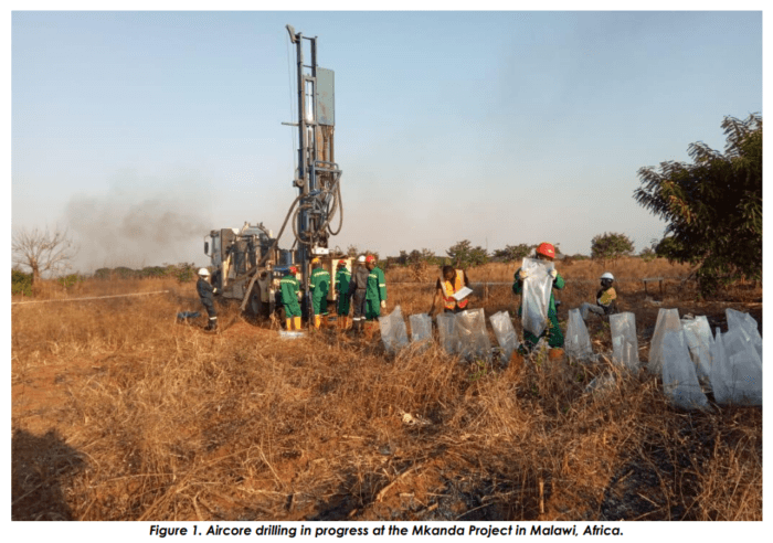 Aircore drill rig operating at Fortuna Metals' Mkanda Project in Malawi as field crews collect and bag drill samples.