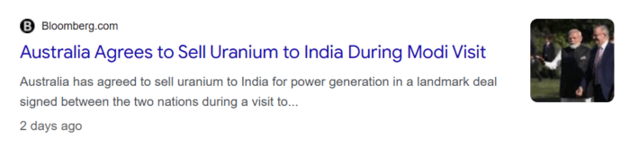 Bloomberg headline reporting Australia's agreement to sell uranium to India for power generation during Prime Minister Narendra Modi's visit.