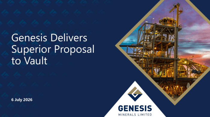 Genesis Minerals announces it has delivered a superior takeover proposal to Vault Minerals, alongside an image of its processing plant.
