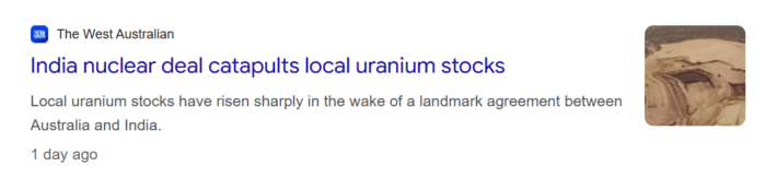 The West Australian headline reports Australian uranium stocks surged after a landmark nuclear export agreement with India.