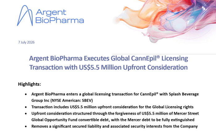 Argent BioPharma announces a global CannEpil licensing deal worth US$5.5 million upfront, removing secured debt from its balance sheet.