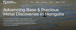 Azzuro Resources website homepage showing drill core from Mongolia with the tagline “Advancing Base & Precious Metal Discoveries”.