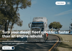 Janus Electric homepage showing an electric-powered truck with the headline promoting diesel-to-electric fleet conversions using swappable batteries.