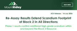 Mount Ridley ASX release announcing re-assay results extending the Block 2 scandium footprint in all directions with additional high-grade mineralisation.