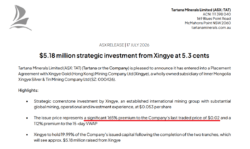 Tartana Minerals announces a $5.18 million strategic investment from Xingye at 5.3 cents, a 165% premium to the last traded price.