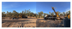 Two drill rigs operating at separate drill pads in a dry bushland setting, with support trucks and equipment on site.