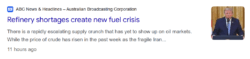ABC News headline reading "Refinery shortages create new fuel crisis" with a thumbnail image of Donald Trump speaking.