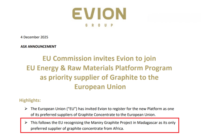 Evion ASX announcement on EU invitation to join its Energy and Raw Materials Platform as a preferred graphite supplier.