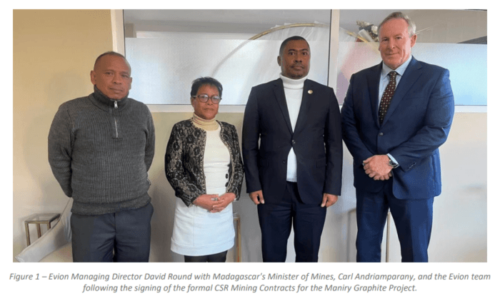 Four officials stand together after signing Madagascar mining contracts for the Maniry Graphite Project permit approval.